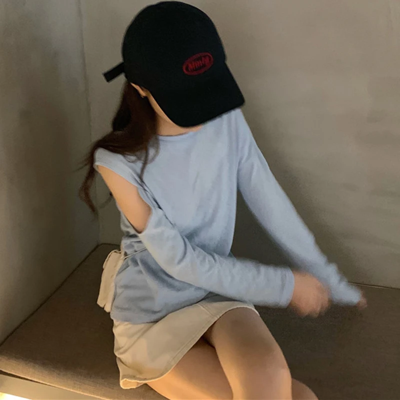 Женская одежда простые ulzzang свободные безрукавки с длинным рукавом с открытыми плечами весенние тонкие женские топы корейские футболки mujer новинка