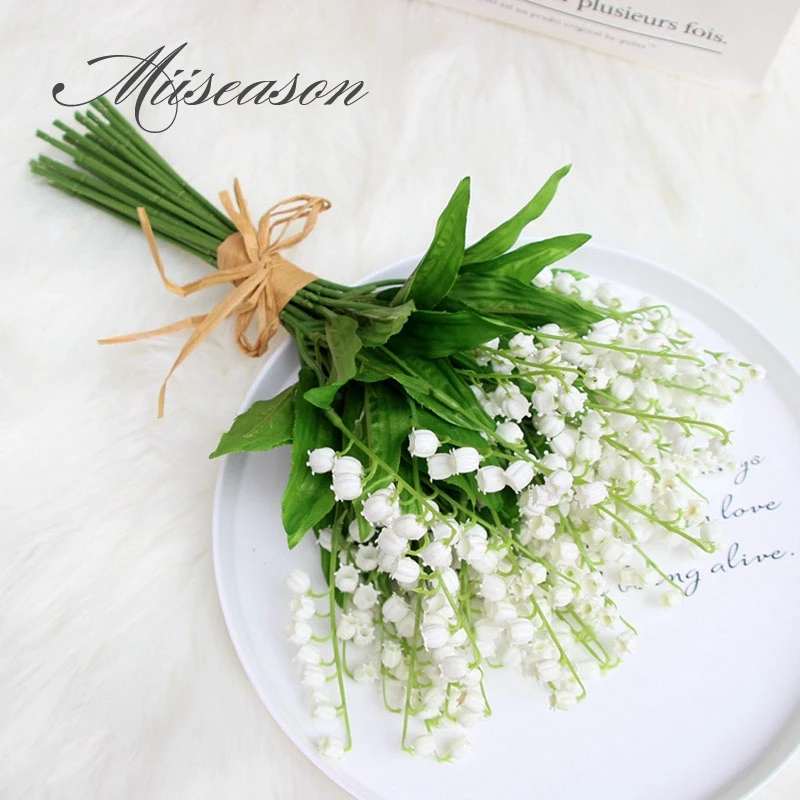 Белые Искусственные пластиковые цветы из ландыша, для домашнего стола, офиса, свадьбы, вечерние цветы, зеленые листья, букет цветов