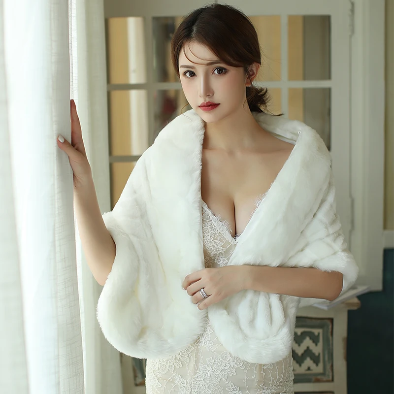 Слоновая кость Winter Bride Wrap Ivory Faux Fur Shawl Women Stole Wedding Warm Shrug Free Shipping AX014 - Цвет: Слоновая кость