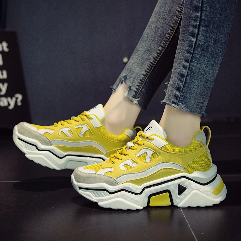 

Rimocy Breathable Mesh Yellow Sneakers Women Autumn Thick Bottom Flat Heels Platform Shoes Woman Casual Walking Zapatillas Mujer