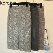 Коробов в Корейском стиле Для женщин змея мини-юбка с принтом пикантные Разделение тонкий Высокая талия прямые Falda Mujer Винтаж осень обтягивающая юбка 78946