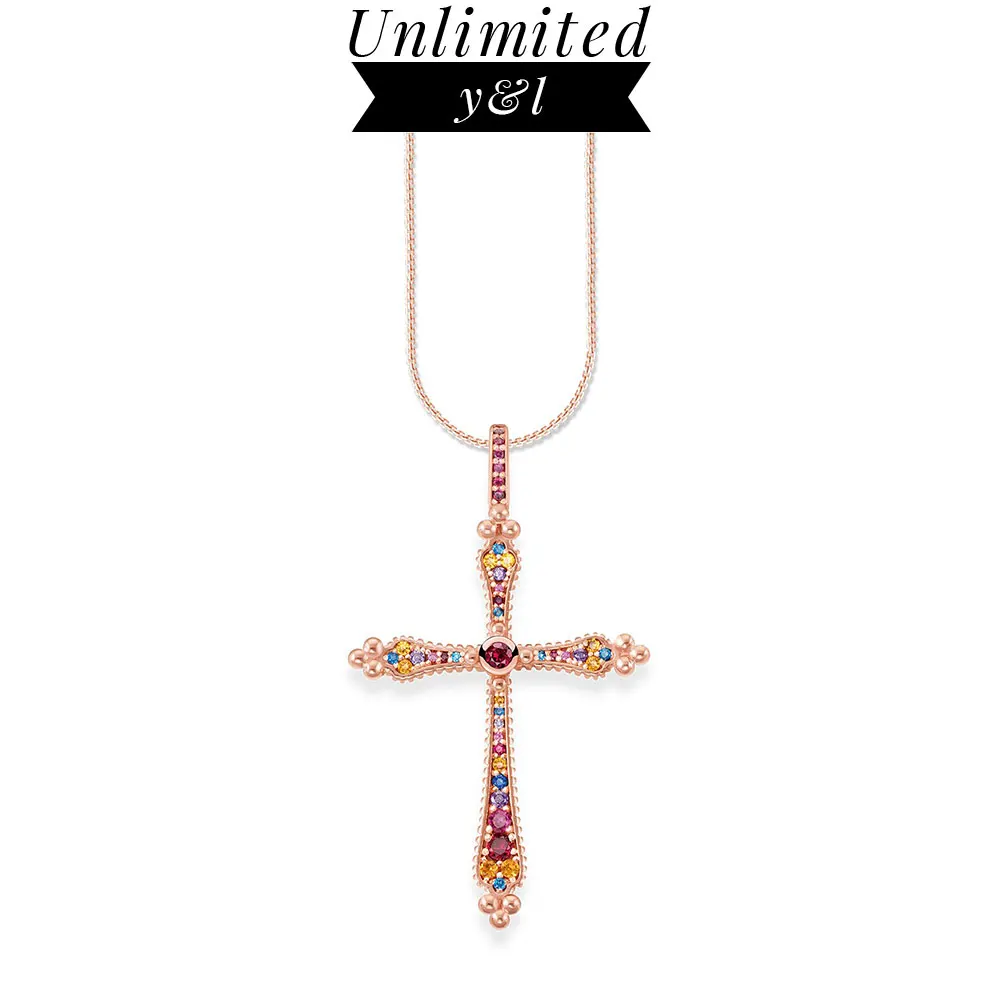 

Colorful Cross Pendant Necklaces for Women Men 925 Sterling Silver Rose Gold CZ Bohemia Thomas Style Fashion Jewelry Accessories
