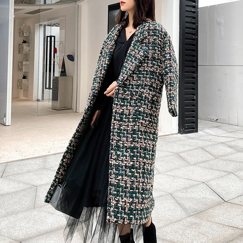 

Winter Women's Trench Coat Color Block Patchwork Long Jackets Turn-down Collar Oversize Windbreaker Long Sleeve Woolen Overcoat