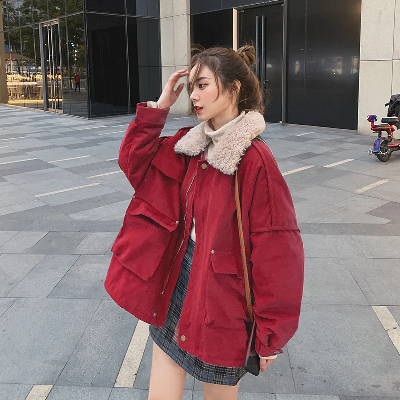 

2020 Winter Cotton Jacket Short Solid Color Loose Lamb Hair Plus Velvet Elegant Jacket Windbreaker Jacket
