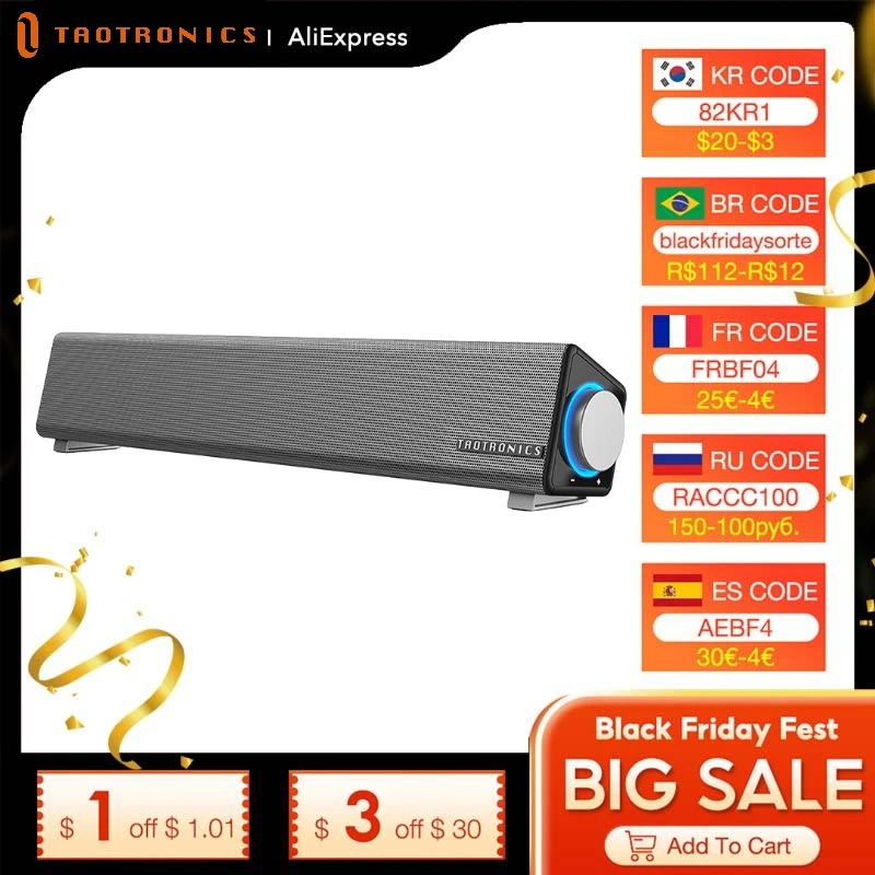 Soundbar SK18 Taotronics беспроводной Bluetooth 5.0 динамик мощные драйверы - Цена: 2 443,89 руб.
