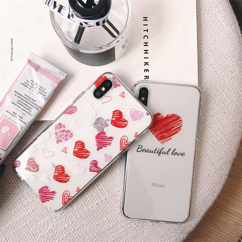 Для Iphone 7 8 Plus 6s Прозрачный чехол для телефона с узором LOVE IPhone X XS 6 Красный Мягкий