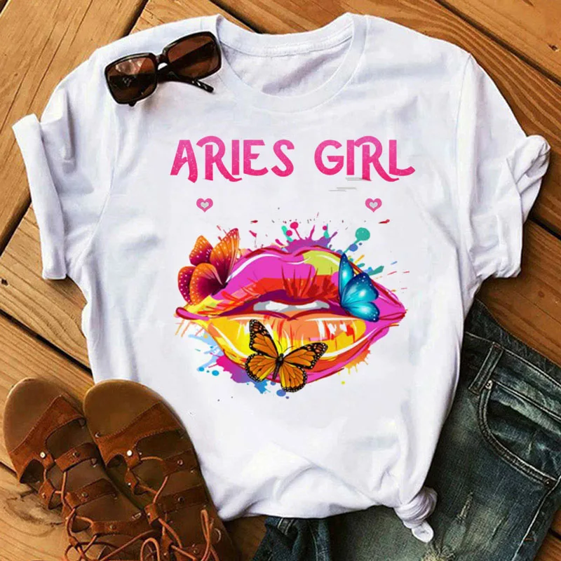 

Women T Shirt Aries Girl T Shirt Color Butterfly Lips Printed Tops Female Summer Casual Cute Tee Shirts Ladies Fashion T-shirts