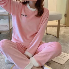 

Pajamas For Women Set Thick Warm Coral Fleece Homewear Winter Lounge Women Sleepwear Soft Loose Solid Color Casual