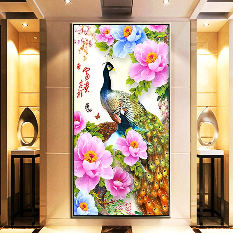 QIANZEHUI-DIY-Diamond-Embroidery-Round-Diamond-The-porch-peacock-flower-Full-rhinestone-Diamond-painting-cross-stitch (1)