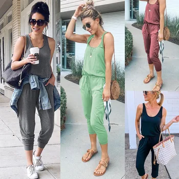 

Sexy Off Shoulder Sleeveless Belts Jumpsuits Women Summer Casual Solid O Neck Pockets Long Rompers Lace Up Loose Beach Overalls