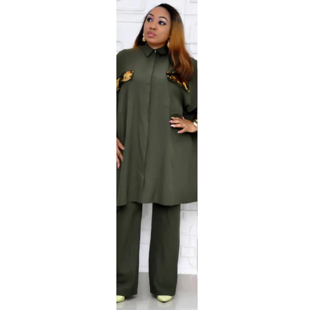Африканский Дашики модный костюм, расшитый пайетками длинная рубашка топ и брюки с эластичной резинкой на талии комплект из 2 предметов вечерние Большие размеры для женщин - Цвет: green