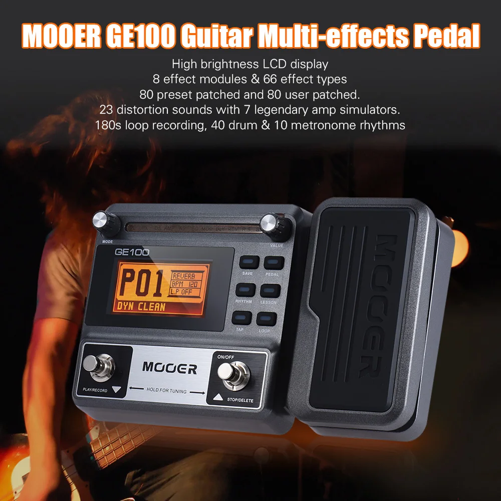 MOOER GE100 Guitar Multi-effects Processor Effect Pedal with Loop Recording Tuning Tap Tempo Rhythm Setting Scale & Chord Lesson