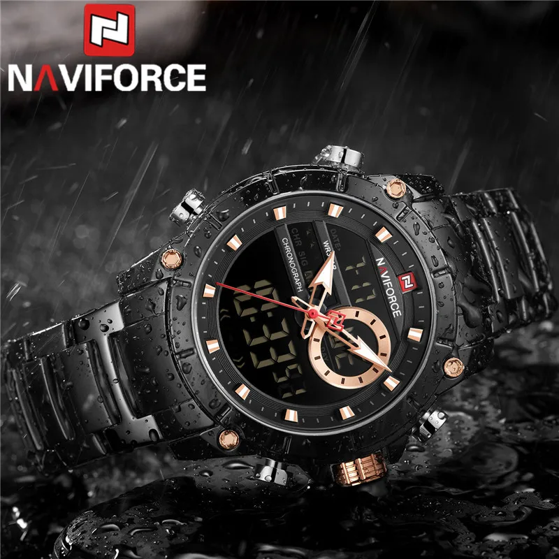 

NAVIFORCE Men Watch Waterproof Quartz Digital Led Male Clock Military Sport Stainless Steel Top Brand Luxury Man Wristwatch 9163