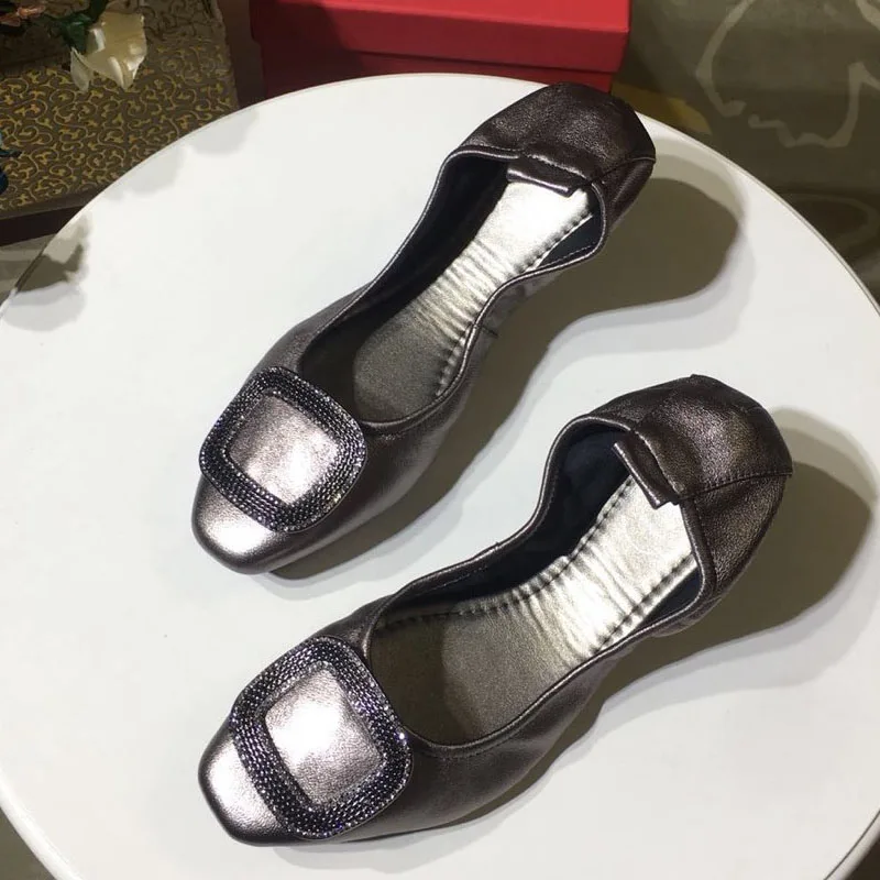 Women Ballet Flats Shoes Women Genuine Leather Metal Buckle Fashion Square Toe Shoes For Women Soft Comfort High Quality