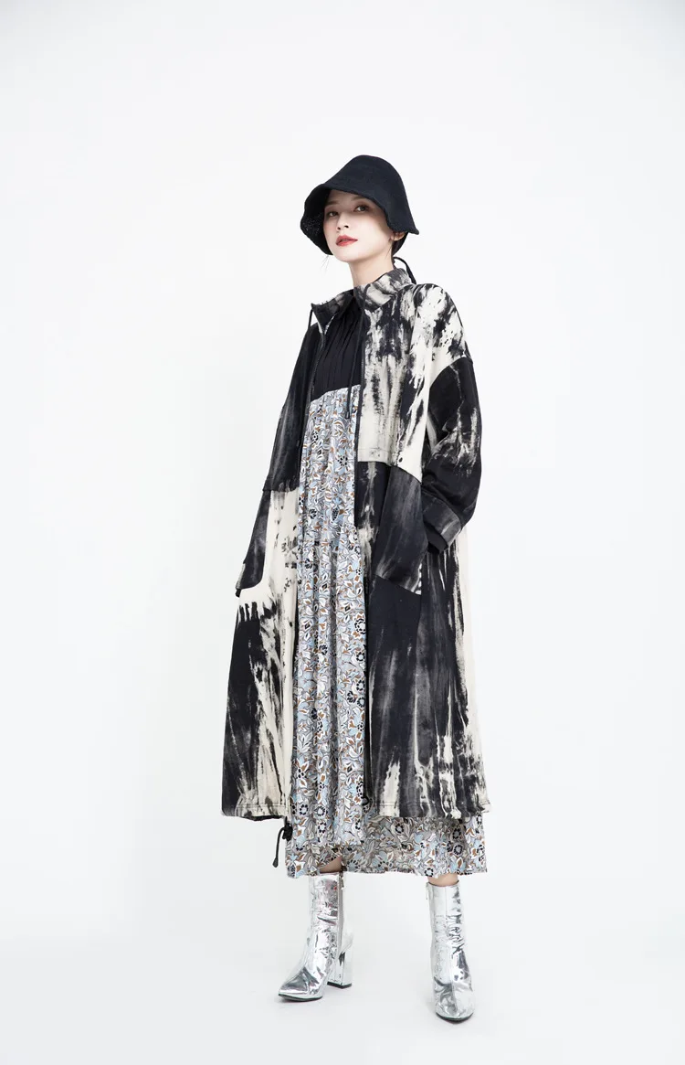 Новинка, Модный женский удлиненный Тренч с высоким воротником, с принтом, на молнии, с карманами, градиентные женские пальто