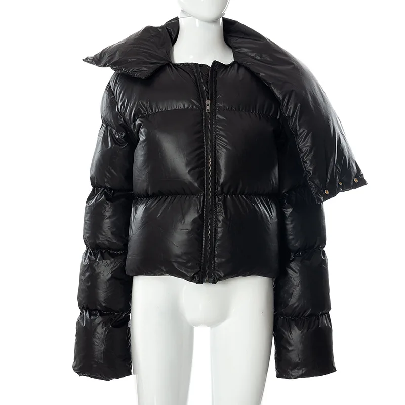 Manteaux à bulles noires surdimensionnés pour femmes, 2022, mode, fermeture éclair, écharpe, col bouffant, vestes courtes, commerce extérieur, Parka décontractée