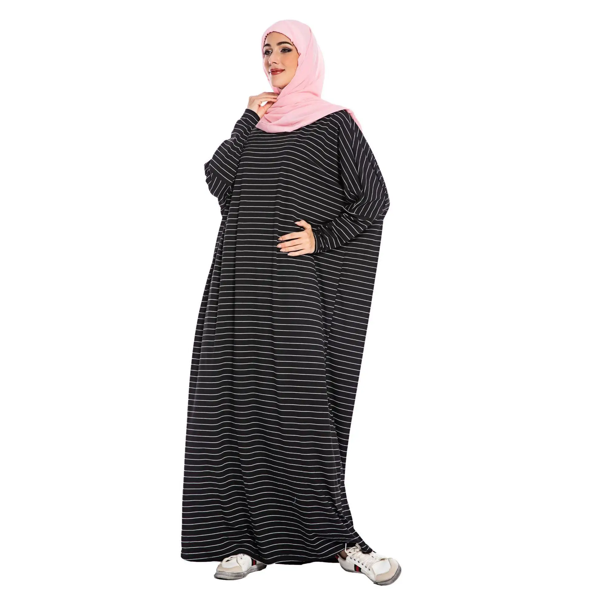 Striped Abaya Dubai Kaftan Muslim Women Dress Batwing Sleeve Jilbab Islamic Robe Farasha Caftan Arab Ramadan Abayas OversizeD