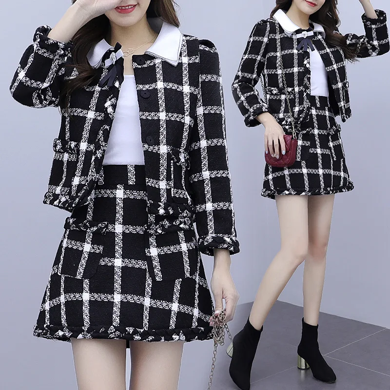 

2019 Autumn And Winter New Style A- line Woolen Cloth Two-Piece Set Skirt Plaid Women's Long-Sleeve Graceful Woolen Dress