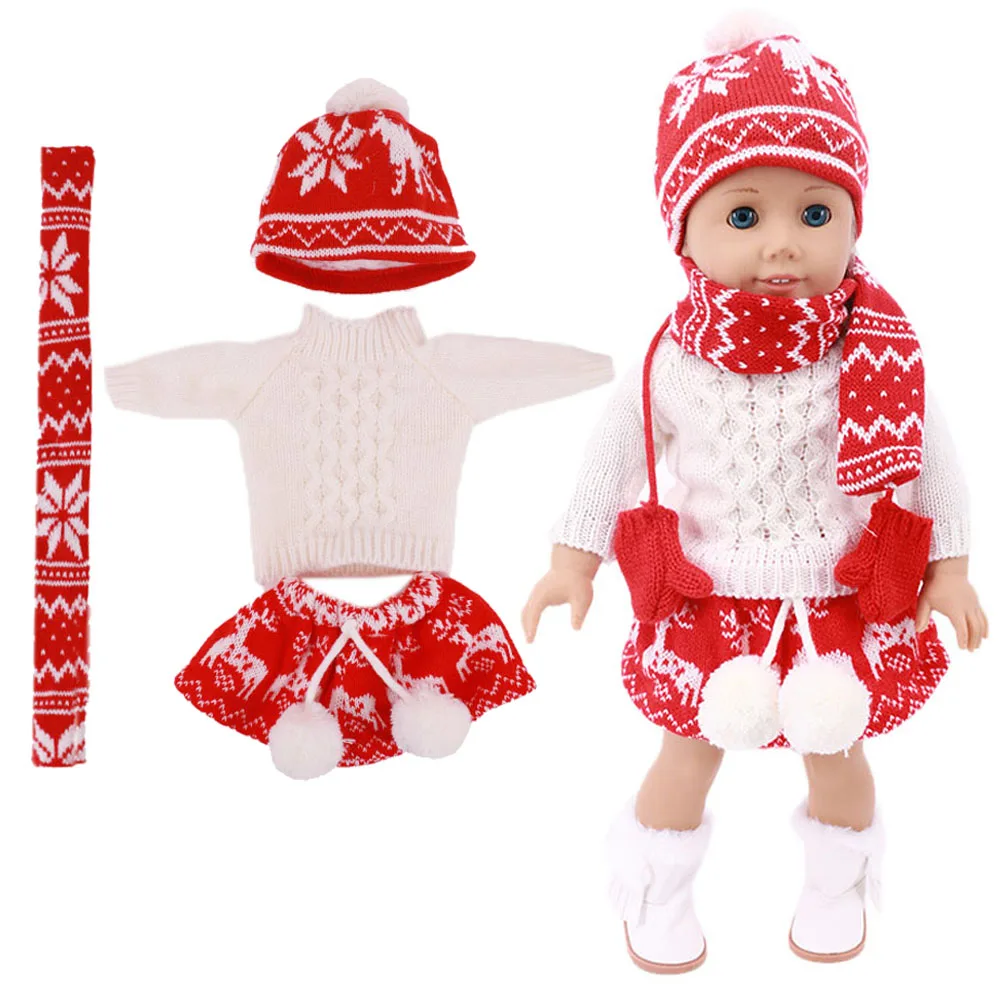 Doll Clothes 3pcs Set T shirt Hat Knitted Sweater Skirt Suit For 18 Inch American 43CM