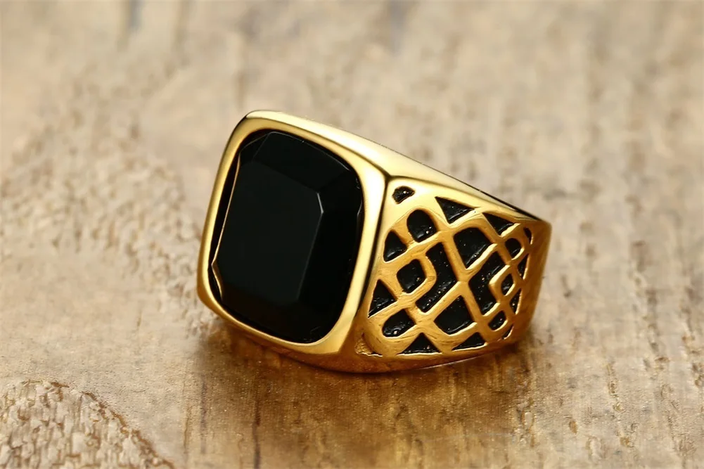 Men Square Black Carnelian Semi-Precious Stone Signet Ring