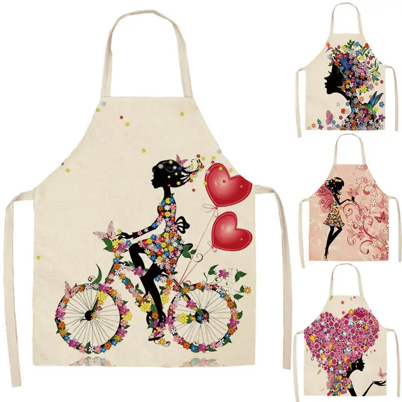 Cotton Linen Flower Butterfles Girl Printed Kitchen Aprons for Women Home Cooking Baking Bib Pinafore 68x49cm/49x40cm 6 colors