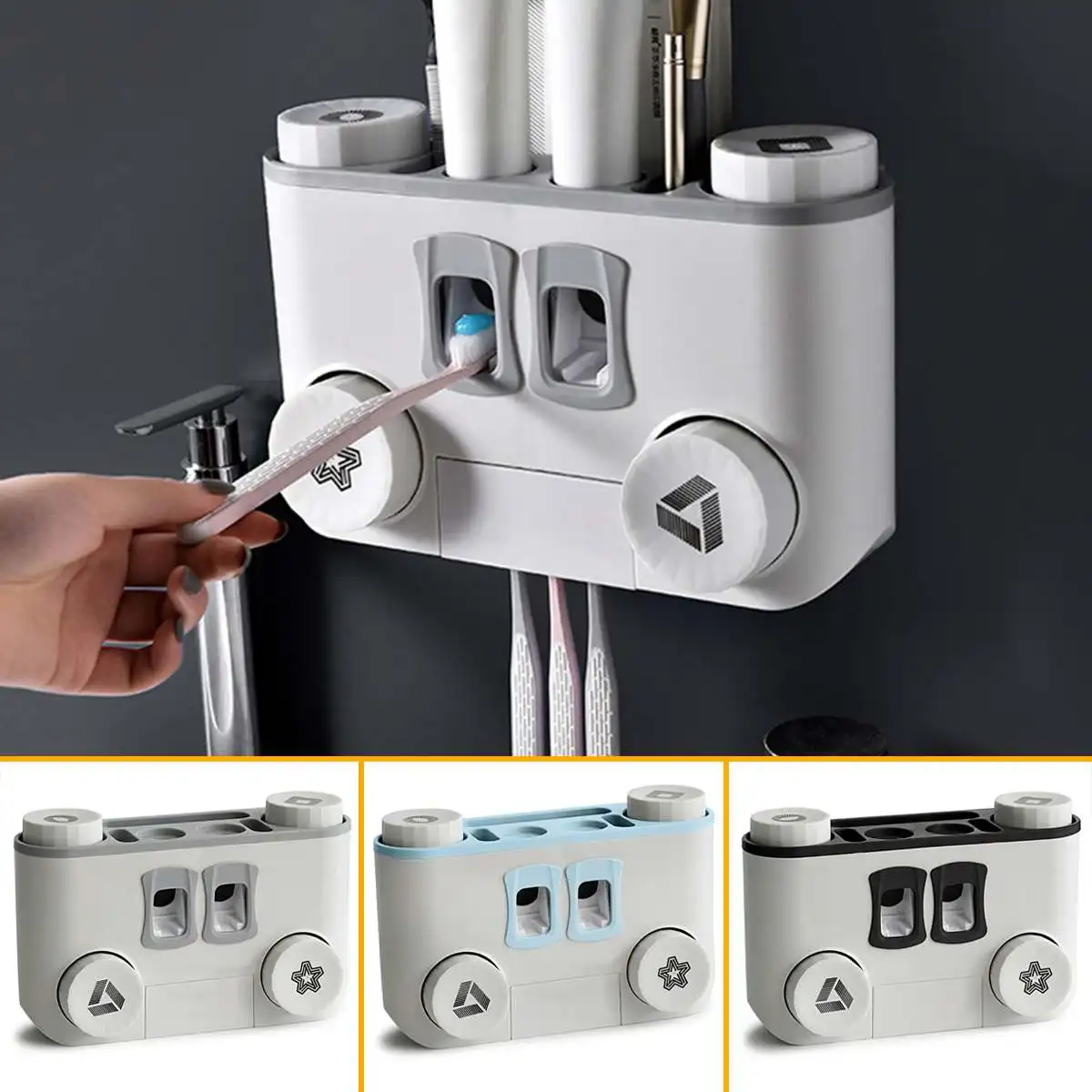 

Auto Squeezing Toothpaste Dispenser Toothbrush Holder 4 Cups Suction Cup Set Bathroom Accessories Wall Mount Storage Rack