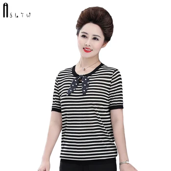 

ASLTW Stripe Summer T-Shirt Women New Fashion Hollow Short Sleeve T-shirts For Women Thin Knitted Bow Female Tees Top