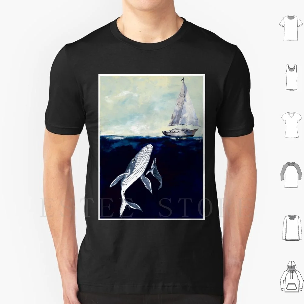 Maglietta Balena Stampa Barca In Cotone Oceano Mare Balena Animali Animali Blu Natura Balene Gobba Grigio Beluga Acquerello Bambini