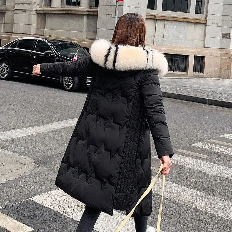 Длинное женское пуховое пальто, зимнее плотное пальто на молнии с капюшоном, верхняя одежда, теплая куртка-парка на белом утином пуху