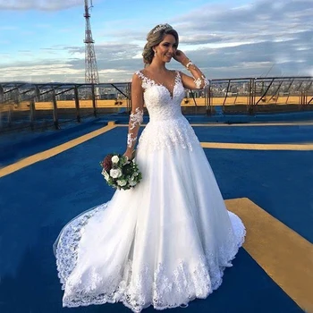 

Vestido De Noiva Illusion Top V-Neck Sexy Sheer Back Vintage Lace Long Sleeve Tulle 2020 Mine Wedding Dress