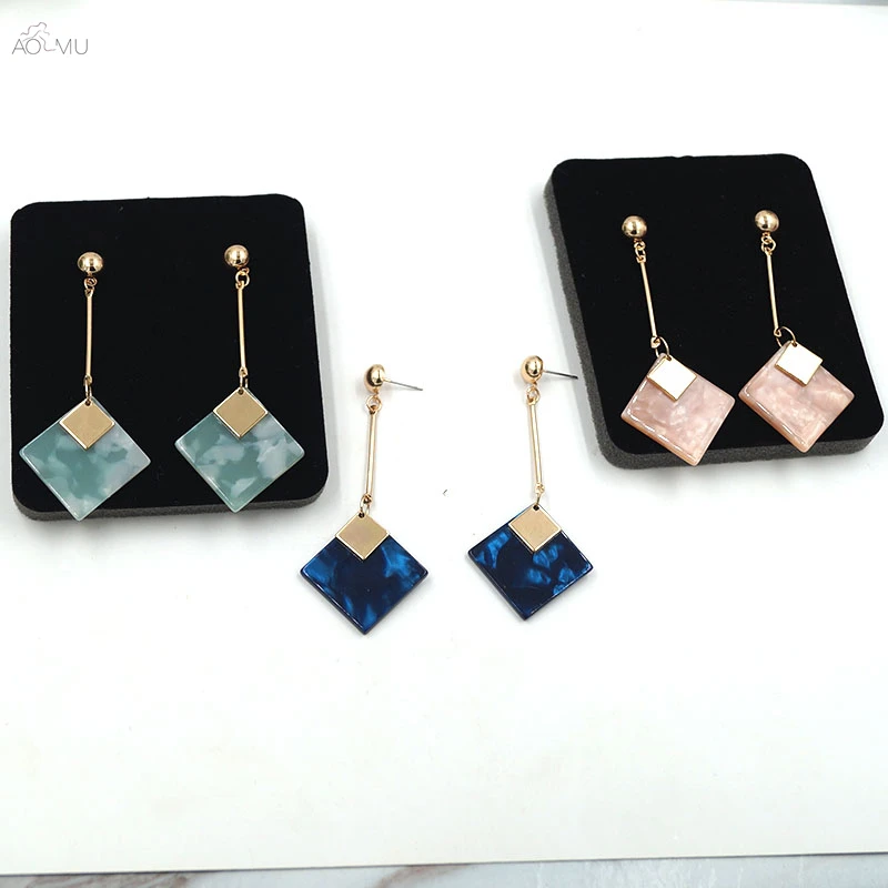 

AOMU Korean Trend Resin Geometric Square Textured Smooth Metal Long Dangle Drop Earrings for Women Girl Gifts Bijoux Accessories
