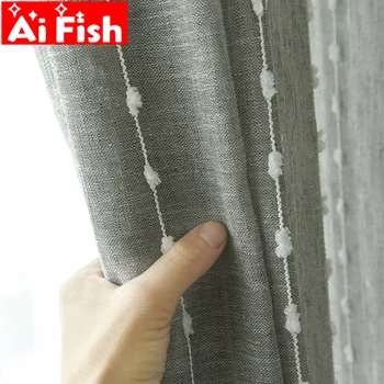 

White linen window screens vertical stripes with cotton ball Tulle Curtains for Living Room Modern Gray Tulle Cortinas MY350C