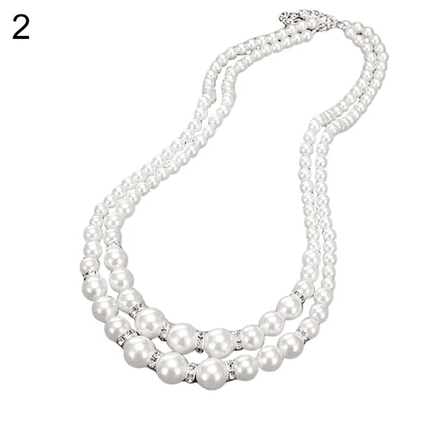 Women Faux Pearl Beads Rhinestone Inlaid Double Layer Necklace Jewelry Stainless Steel Jewelry Woman Accessories