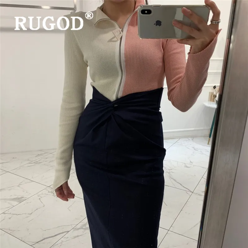 RUGOD, новинка, Женский вязаный кардиган на молнии, необычный контрастный цвет, круглый ворот, тонкое пальто, корейский шик, уличная одежда, сексуальный стильный свитер
