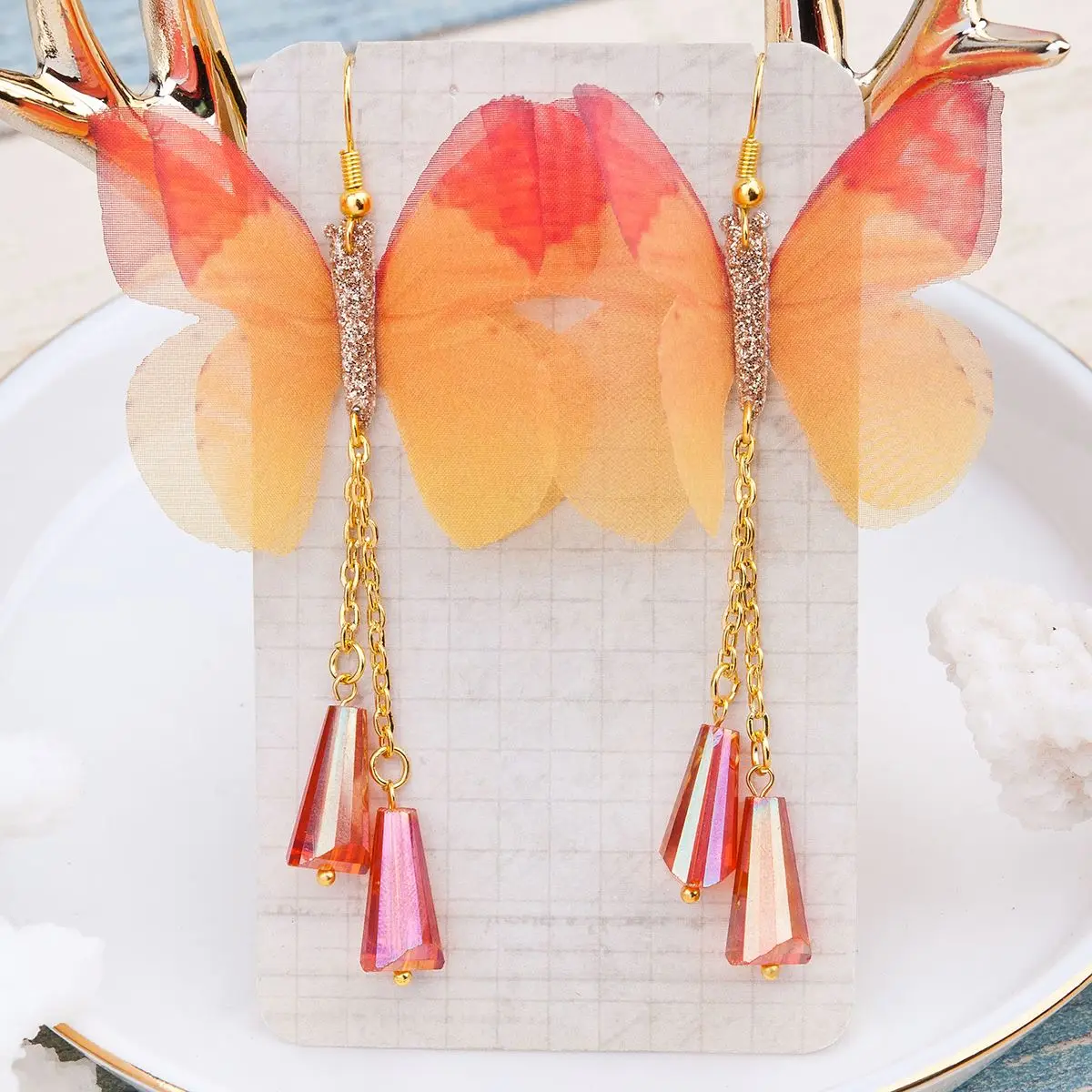 Модные серьги-бабочки милые ювелирные изделия из органзы Ethereal золотые красные