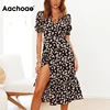 Aachoae Floral Print Elegant Dress V Neck Puff Sleeve Pleated Dress Women Summer Beach Dress Midi Wrap Sundress Robe Femme ► Photo 1/6