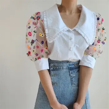 

Alien Kitty 2020 Retro Patchwork Loose Puff Sleeve Sweet Thin Hot Peter Pan Collar Vintage Women Mesh Embroidery Daisy Shirts