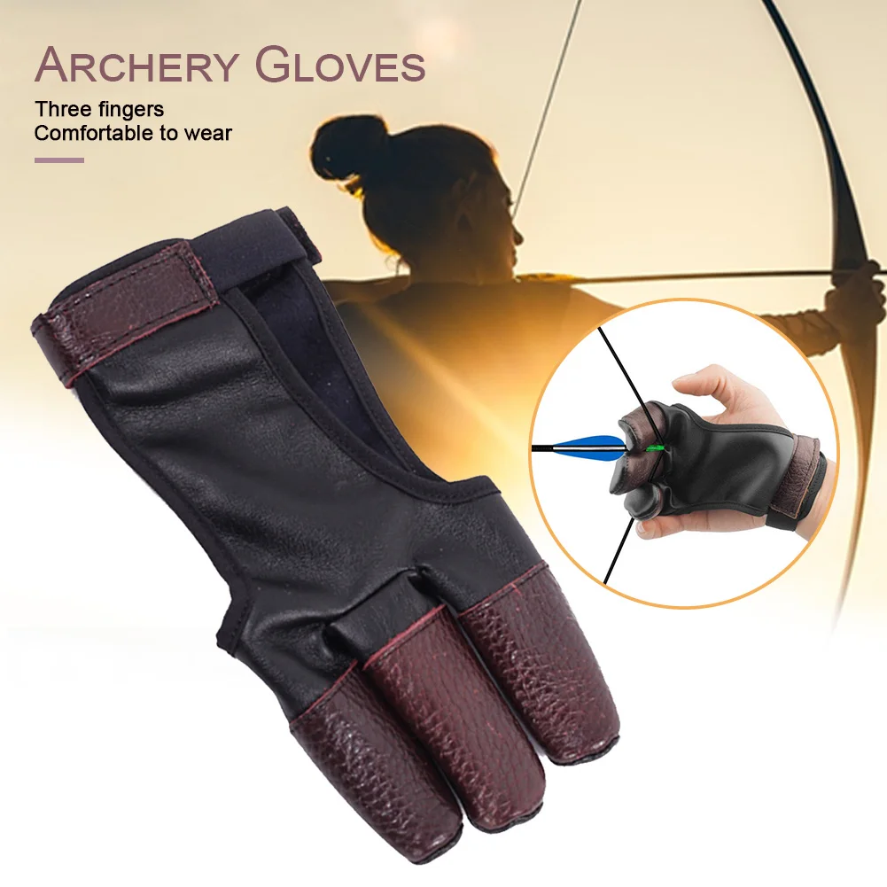 Archery  Three Finger Protect  Leather Glove Recurve Bow Arrow Hunting Shooting 