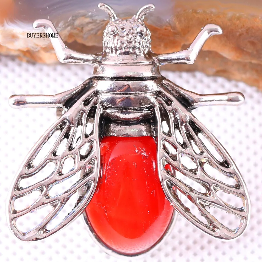 1Pcs Silver Cicada Brooch Natural Stone Pendant Howlite Rhodonite Carnelian Onyx Bead for Men Women DIY Jewelry Making