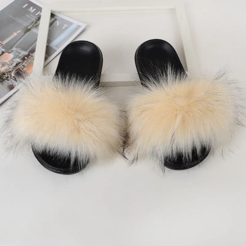 Kids Fur Slippers Girl Fluffy Faux Raccoon Fur Slides Furry Home Floor Flip Flops Children Summer Shoes Girls Fur Sandals CSH953 children's sandals near me Children's Shoes