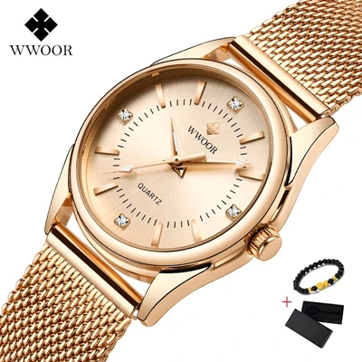 Rose Gold Reloj mujer WWOOR женский раскошный ремешок для часов Брендовые женские часы под платье стальной сетчатый ремешок повседневные часы из розового золота кварцевые наручные часы - Цвет: Rose Gold