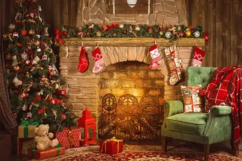 

Christmas Party Backdrop Rustic Fireplace Socks Bauble Trees Advent Background Noel Xmas Portrait Banners Ornament Decor Poster
