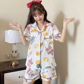 

Summer Pajamas Suit Soft Thin Comfy Cartoon Printed Sleepwear Set Loose Lovely Top Shorts Two-piece Ladies Home Wear Suit