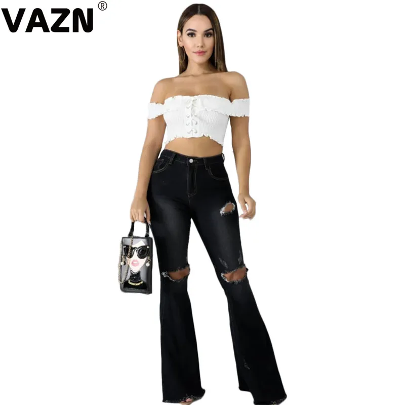 VAZN KM8063, новинка, джинсы с дырками, элегантные, для зрелых лет, сексуальные, высокие, формальные комбинезоны, высокая талия, для женщин, длинные, тонкие сапоги, укороченные штаны