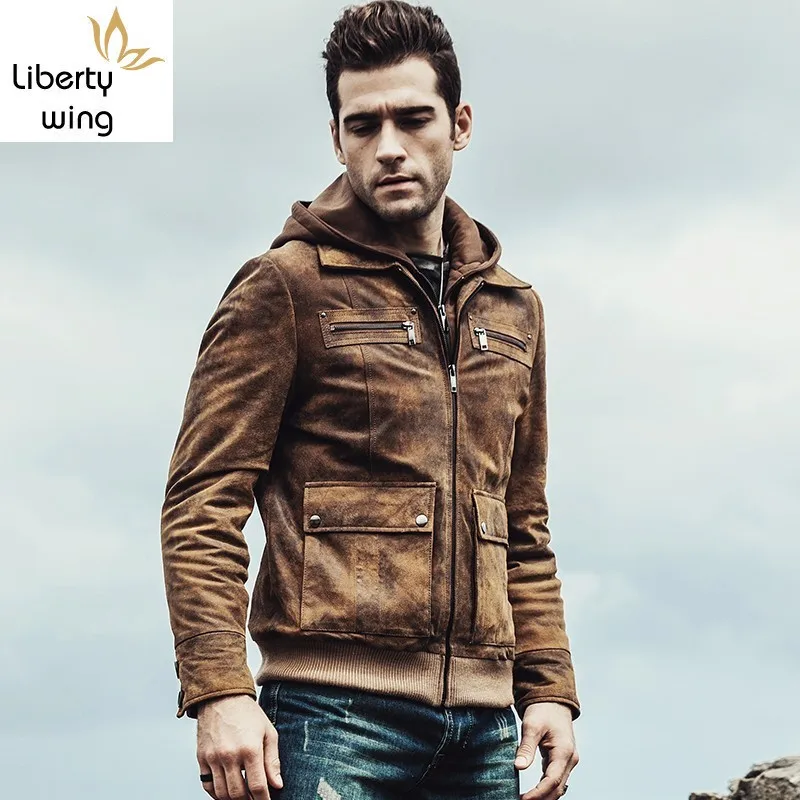 

Winter Mens Real Pigskin Casual Thick Padded Warm Hoody Bomber Jacket Slim Fit Genuine Leather Coat Plus Size 5XL
