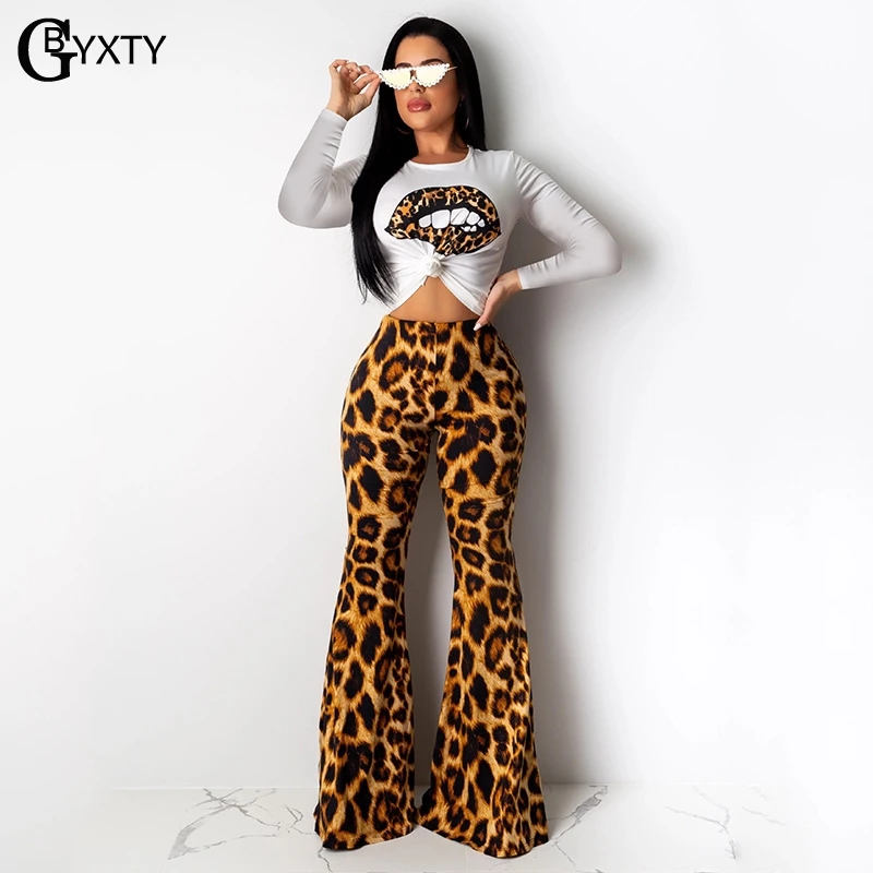 

GBYXTY Vintage Leopard Tips Print Flare Pants Set 2019 Autumn Women Long Sleeve T-Shirt Two Piece Set Casual Tracksuit ZL428