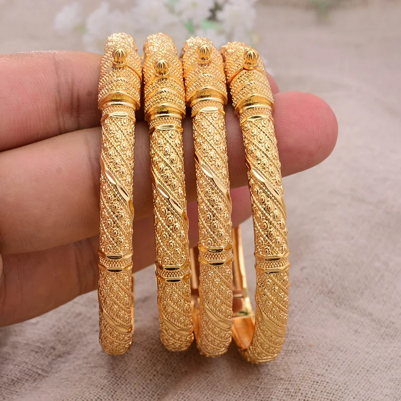 Can open 4pcs/lot Dubai Gold Color Bangles For Women Men Gold Bracelets African European Ethiopia Girls Bride Bangles Gift