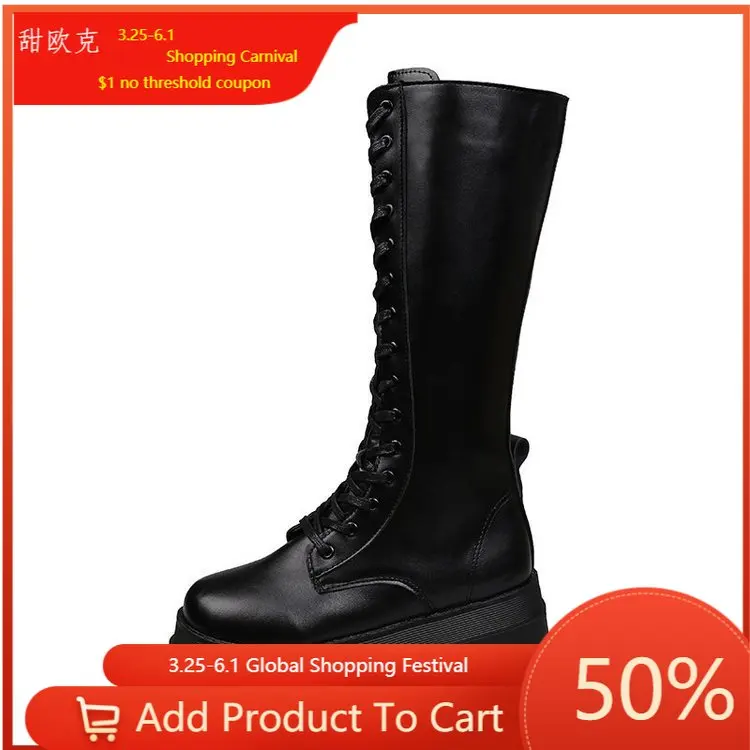 Botas de combate hasta la rodilla para mujer, zapatos góticos altos, botas de cuero negro con cordones, botas locomotoras Martin, 2021