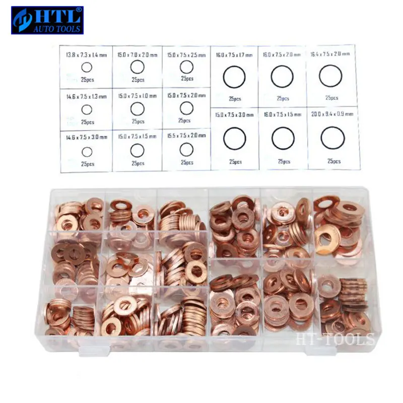 

375pcs Copper Washers Set Solid Copper Washer Gasket Sealing Ring Assortment Kit Set with Case15 Sizes Oil sump screw Copper