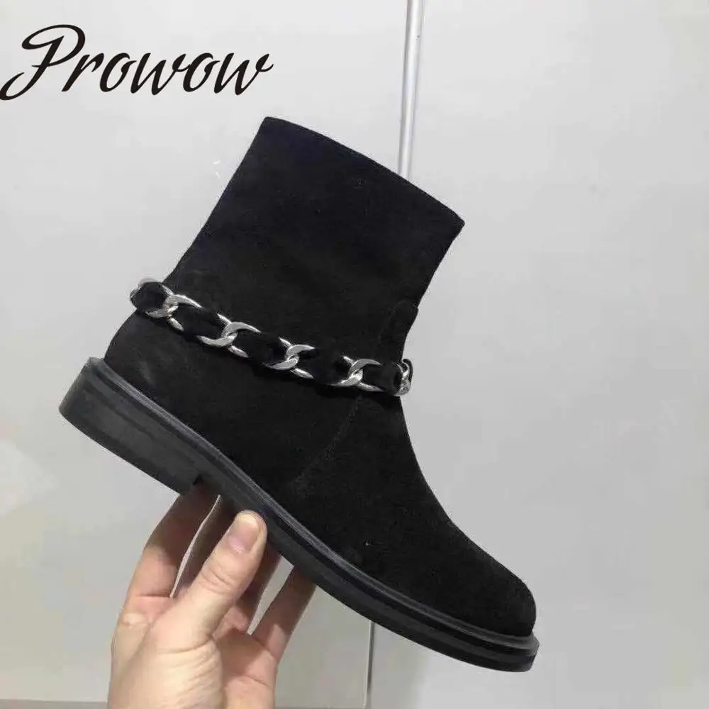 

Prowow New Genuine Leather Metal Chain Ankle Boots Round Toe Thick Heel Low Heel Slip On Cool Fashion Boots Shoes Women